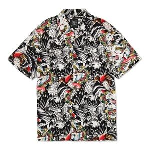 Ed Hardy Battle Skull Tattoo‎ Art Print Camp Shirt Sz XL NEW Button Up